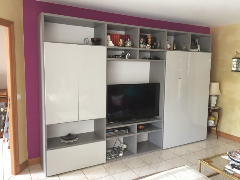 Modulable contemporain porte coulissante laque crème et gris meuble tv
