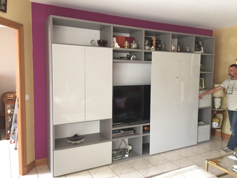 Modulable contemporain porte coulissante laque crème et gris meuble tv