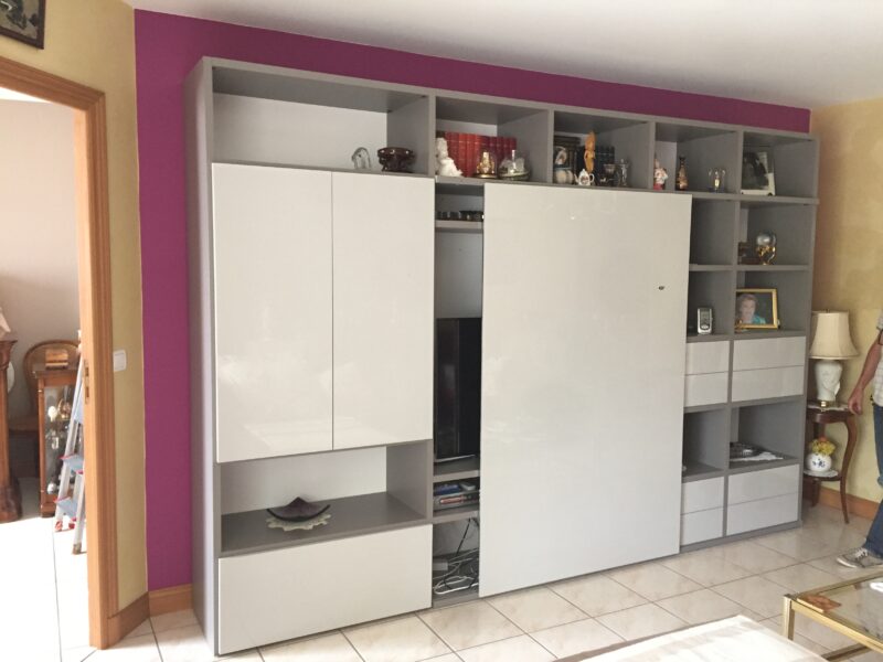 Modulable contemporain porte coulissante laque crème et gris meuble tv