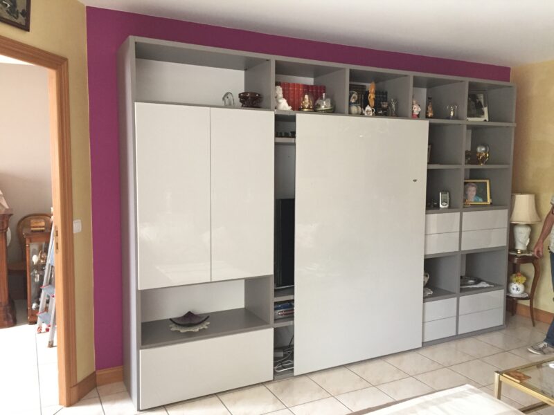Modulable contemporain porte coulissante laque crème et gris meuble tv