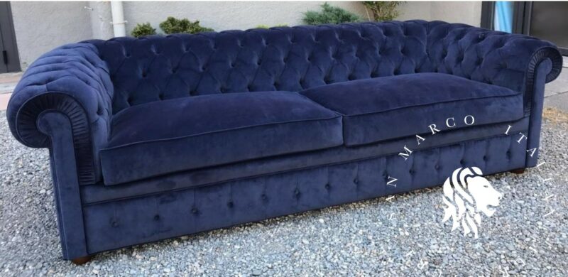 CANAPE CHESTERFIELD VELOURS BLEU